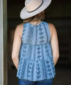 Blue Pepper Cornflower Aztec Print Tank With Tie Tops