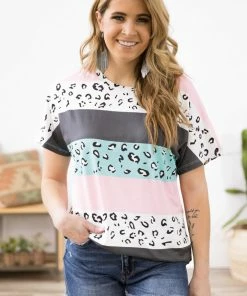 Your Fashion Wholesale Turquoise And Blush Animal Print Stripe Top Tops