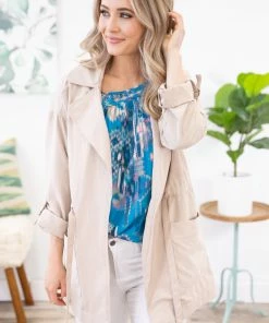 Be Cool Beige Drawstring Waist Roll Sleeve Jacket