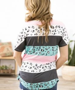 Your Fashion Wholesale Turquoise And Blush Animal Print Stripe Top Tops