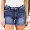 Kancan Dark Wash High Rise Fray Hem Shorts Bottoms