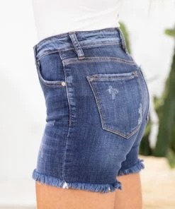 Kancan Dark Wash High Rise Fray Hem Shorts Bottoms