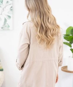 Be Cool Beige Drawstring Waist Roll Sleeve Jacket