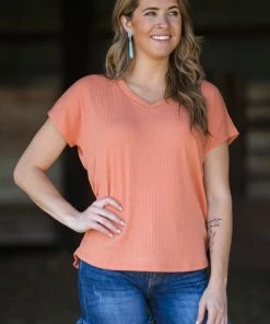 Staccato Tops Orange Textured Knit V-Neck Top