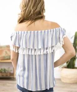 Kori America Dusty Blue And White Tassel Trim Stripe Top