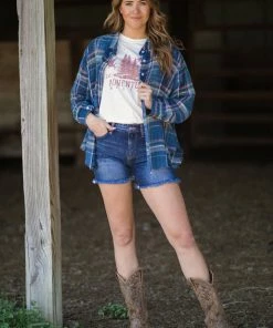 VEVERET Tops Slate Blue Multicolor Plaid Button Up