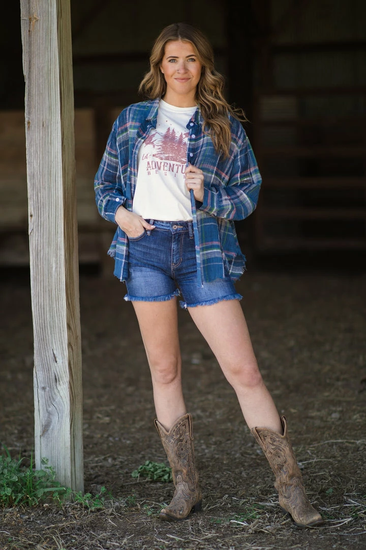 VEVERET Tops Slate Blue Multicolor Plaid Button Up 4 VEVERET Tops Slate Blue Multicolor Plaid Button Up