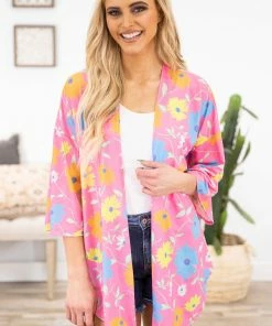 Lime N Chili CARDIGANS Pink Multicolored Floral Print Kimono
