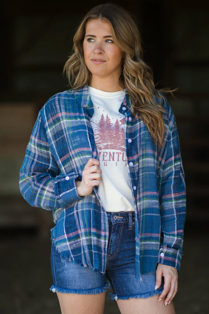 VEVERET Tops Slate Blue Multicolor Plaid Button Up 3 VEVERET Tops Slate Blue Multicolor Plaid Button Up