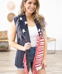 Macaron Tops Navy Stars And Stripes Vest With Fringe