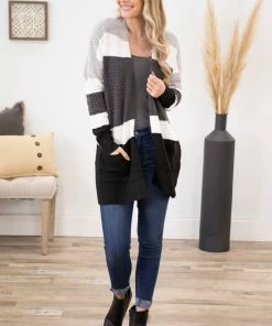 Staccato Grey Multicolor Waffle Knit Stripe Cardigan LONG SLEEVES