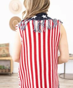 Macaron Tops Navy Stars And Stripes Vest With Fringe