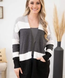 Staccato Grey Multicolor Waffle Knit Stripe Cardigan LONG SLEEVES