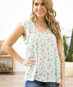 7th Ray Mint And Orchid Floral Print Babydoll Top