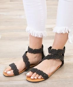 Cheng's Enterprise Black Metallic Laser Cut Zip Back Sandals Shoes