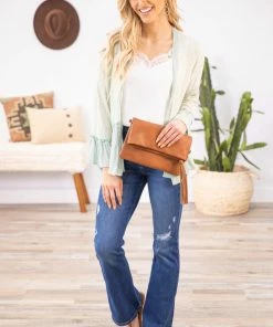 Fantastic Fawn Tops Mint Ruffle Trim Open Knit Cardigan