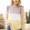 7th Ray Tops Ivory And Charcoal Floral Colorblock Top