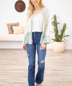 Fantastic Fawn Tops Mint Ruffle Trim Open Knit Cardigan