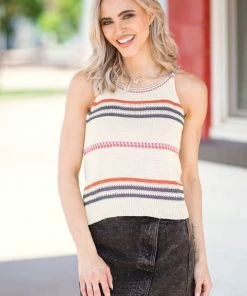 Macaron Oatmeal Multicolor Stripe Sweater Knit Tank Tops