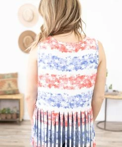 Hopely Blue And Red Star Print Tank With Fringe Tops