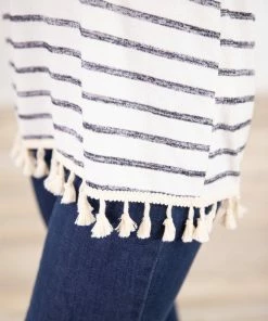 Lovely Melody Off White Stripe V-Neck Tank With Tassel Trim