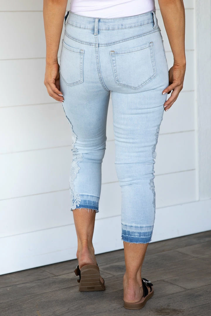 Blue Planet Bottoms Light Wash Cropped Jeans With Lace Applique 6 Blue Planet Bottoms Light Wash Cropped Jeans With Lace Applique