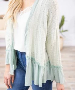 Fantastic Fawn Tops Mint Ruffle Trim Open Knit Cardigan