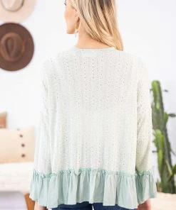 Fantastic Fawn Tops Mint Ruffle Trim Open Knit Cardigan