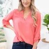 PS KATE Coral Notch Neck Roll Sleeve Top