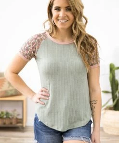 7th Ray Tops Sage Multicolor Floral Print Sleeve Top