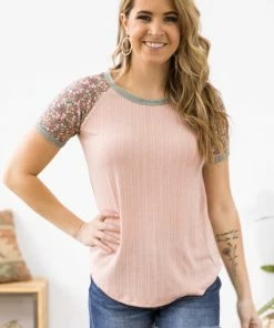 7th Ray Tops Baby Pink Multicolor Floral Print Sleeve Top