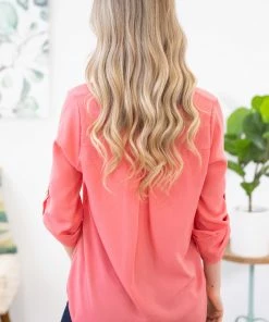 PS KATE Coral Notch Neck Roll Sleeve Top