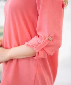 PS KATE Coral Notch Neck Roll Sleeve Top