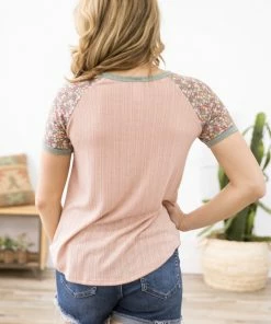 7th Ray Tops Baby Pink Multicolor Floral Print Sleeve Top