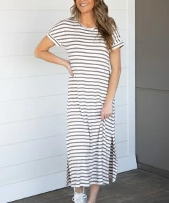 Chris & Carol Ivory And Mocha Stripe Knit Midi Dress