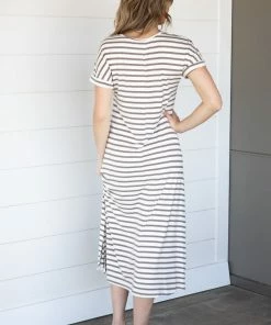 Chris & Carol Ivory And Mocha Stripe Knit Midi Dress