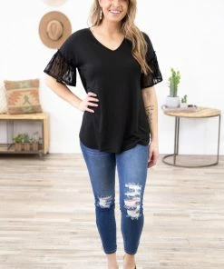 Melon Tops Black Mesh Sleeve Detail Top