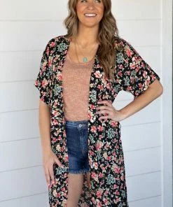 Summer 10 Black Multicolor Floral Mid Length Kimono Tops
