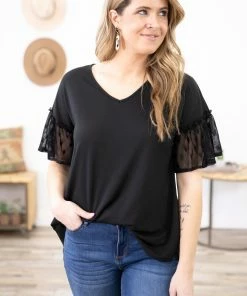 Melon Tops Black Mesh Sleeve Detail Top