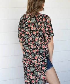 Summer 10 Black Multicolor Floral Mid Length Kimono Tops
