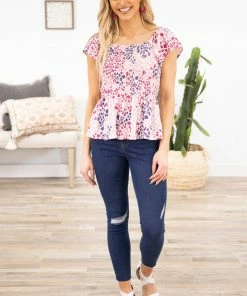 Andree By Unit SHORT SLEEVES Berry Multicolor Animal Print Smocked Top