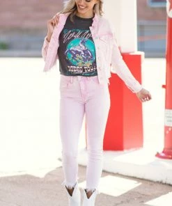 Grey Market Outerwear Pink Acid Wash Fray Hem Denim Jacket