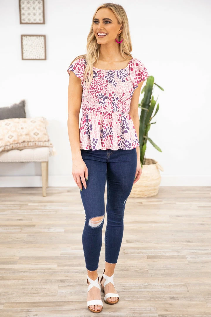 Andree By Unit SHORT SLEEVES Berry Multicolor Animal Print Smocked Top 5 Andree By Unit SHORT SLEEVES Berry Multicolor Animal Print Smocked Top