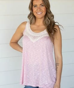 P & Rose Tops Blush And Ivory Crochet Trim Tank