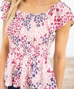 Andree By Unit SHORT SLEEVES Berry Multicolor Animal Print Smocked Top 11 Andree By Unit SHORT SLEEVES Berry Multicolor Animal Print Smocked Top