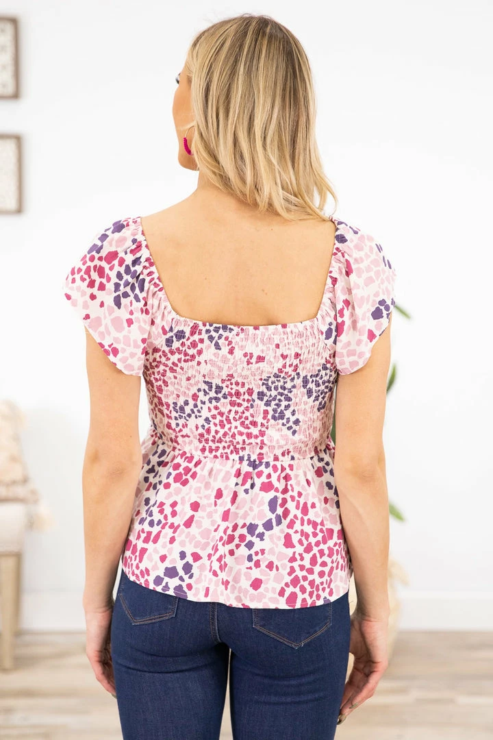 Andree By Unit SHORT SLEEVES Berry Multicolor Animal Print Smocked Top 6 Andree By Unit SHORT SLEEVES Berry Multicolor Animal Print Smocked Top