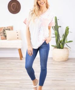 Vanilla Bay Baby Pink Multicolor Floral Print V-Neck Top Tops