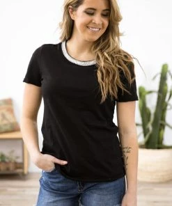 Vocal Apparel Black Rhinestone Trim Short Sleeve Top