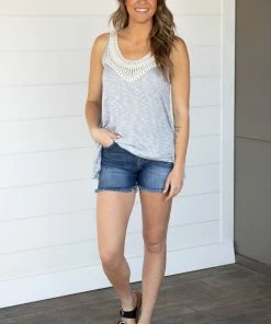 P & Rose Slate Blue And Ivory Crochet Trim Top Tops