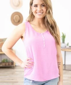7th Ray Pink Textured Tank With Button Detail